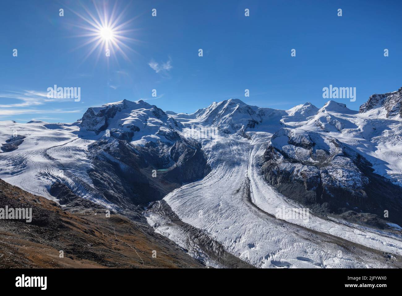 Monte Rosa massif with Dufourspitze, 4633m, and Liskamm with Gorner Glacier, Zermatt, Valais, Swiss Alps, Switzerland, Europe Stock Photo