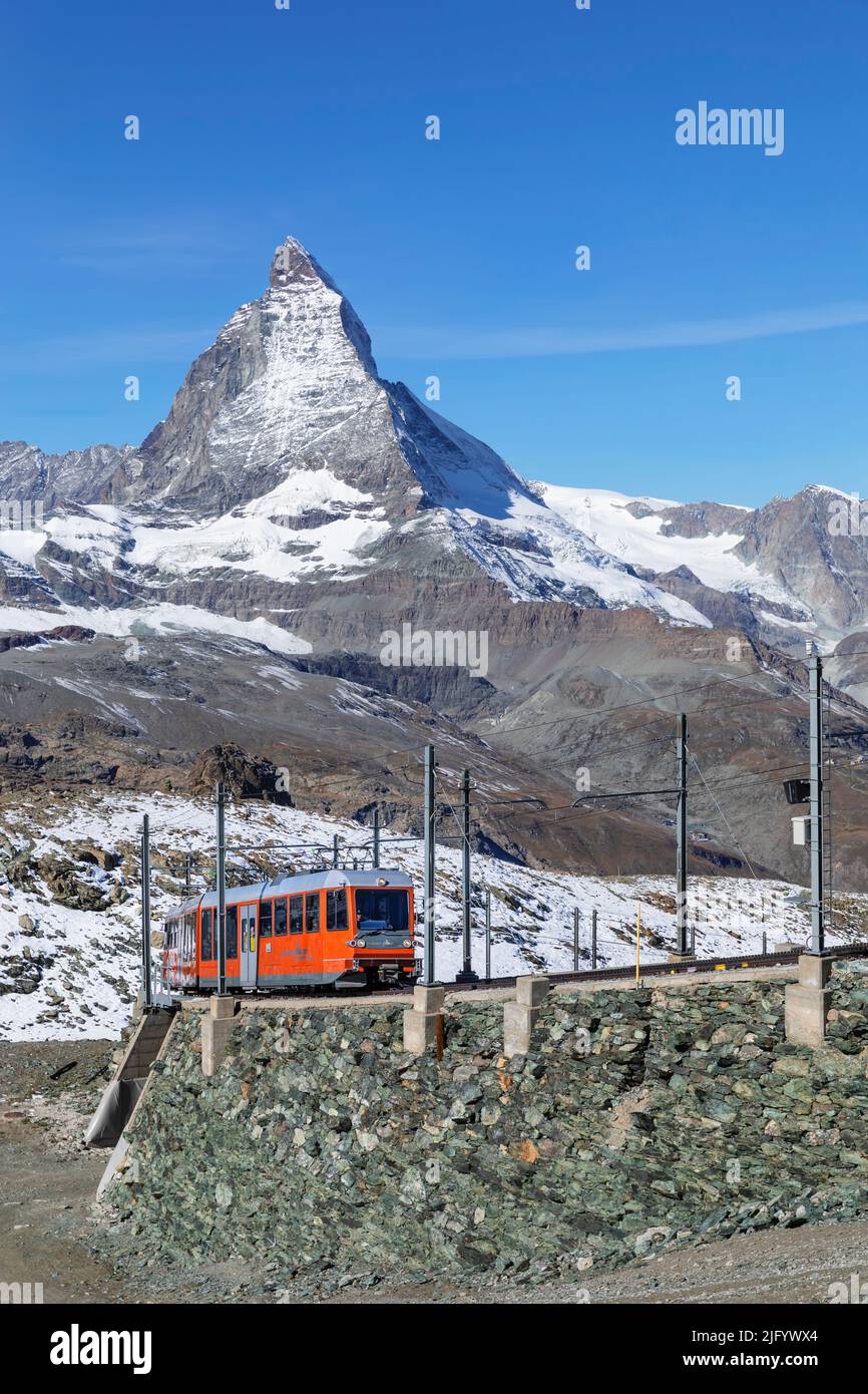 Gornergratbahn cog railway, view of Matterhorn Peak, 4478m, Zermatt, Valais, Swiss Alps, Switzerland, Europe Stock Photo