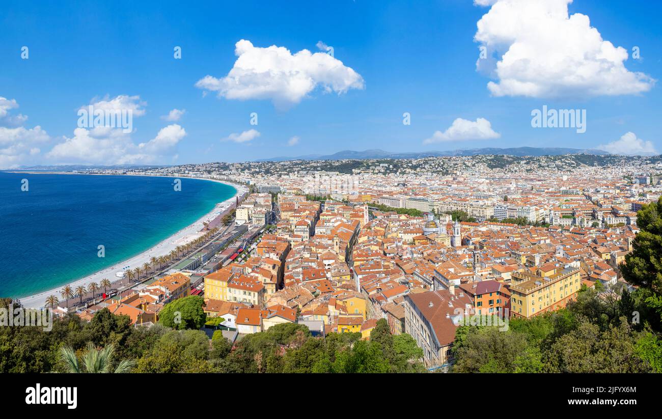France, panoramic skyline of old historic Nice center and azure beaches along Promenade des