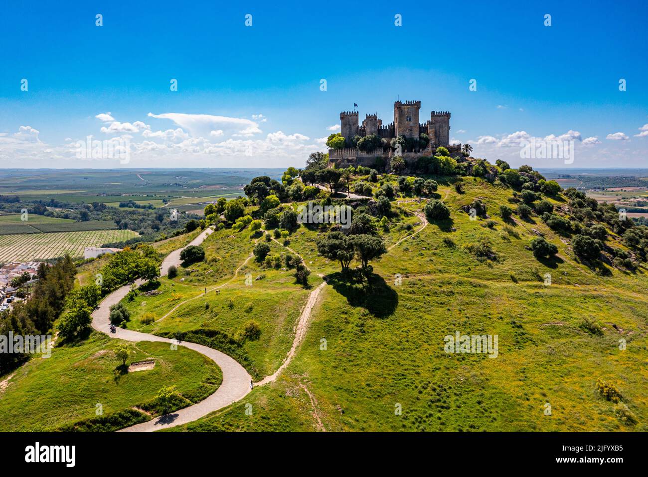 Aerial of the Castle of Almodovar del Rio, Andalusia, Spain, Europe Stock Photo