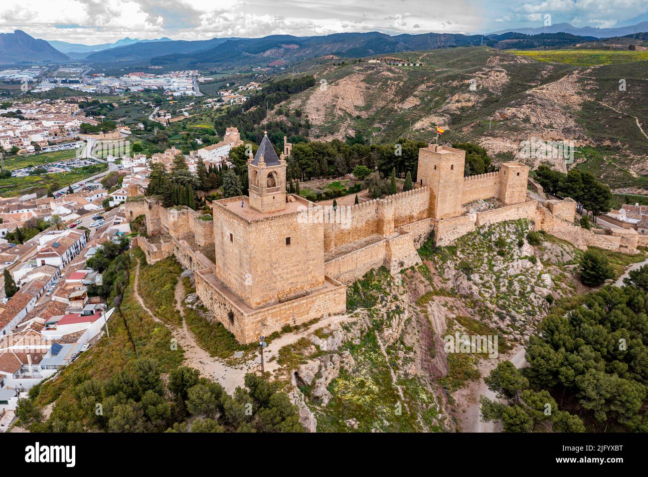 Aerial of the Antequera Castle, Antequera, Andalusia, Spain, Europe Stock Photo