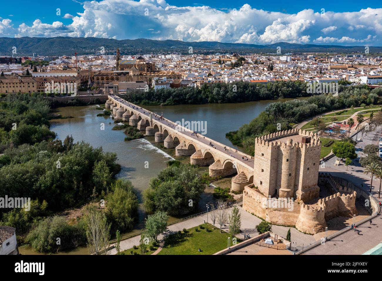 Aerial of the Historic Roman Bridge over the Guadalquivir River and Calahorra Tower, UNESCO World Heritage Site, Cordoba, Andalusia, Spain, Europe Stock Photo