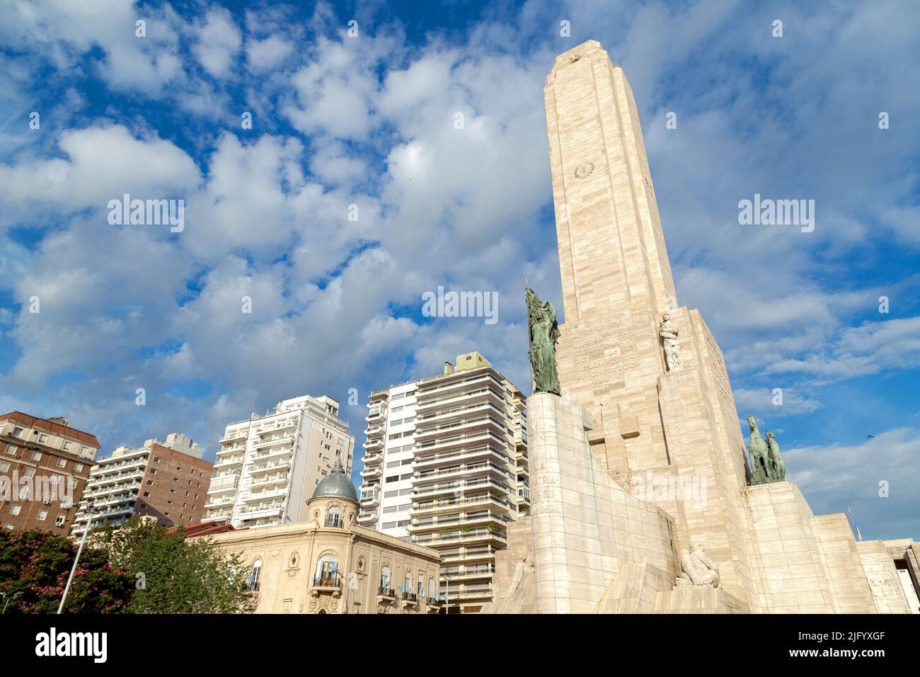 ROSARIO, ARGENTINA - MARCH 12, 2021: National Flag Monument. View of the main tower. The city at the background. Stock Photo
