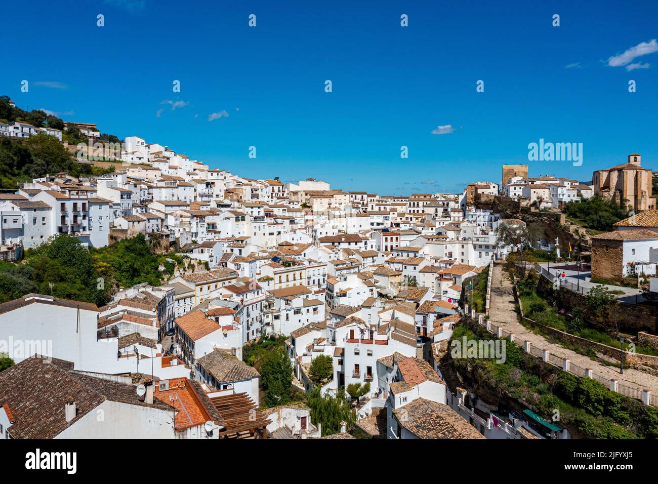 Aerial of the pueblo of Setenil de las Bodegas, Andalucia, Spain, Europe Stock Photo