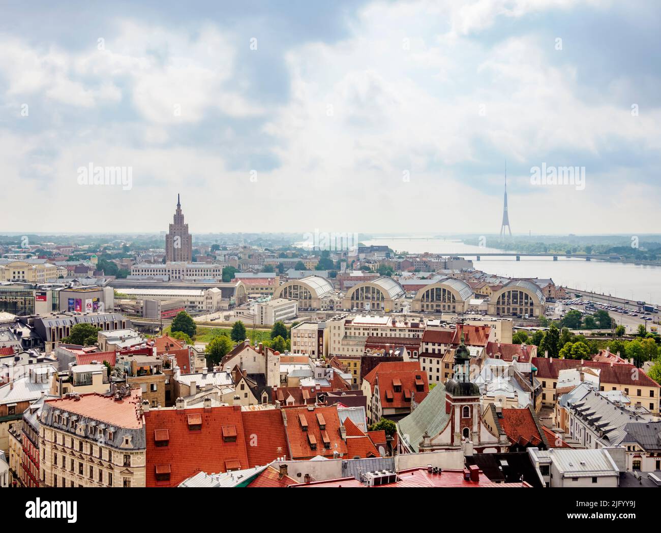View towards Academy of Sciences and Central Market, Riga, Latvia, Europe Stock Photo