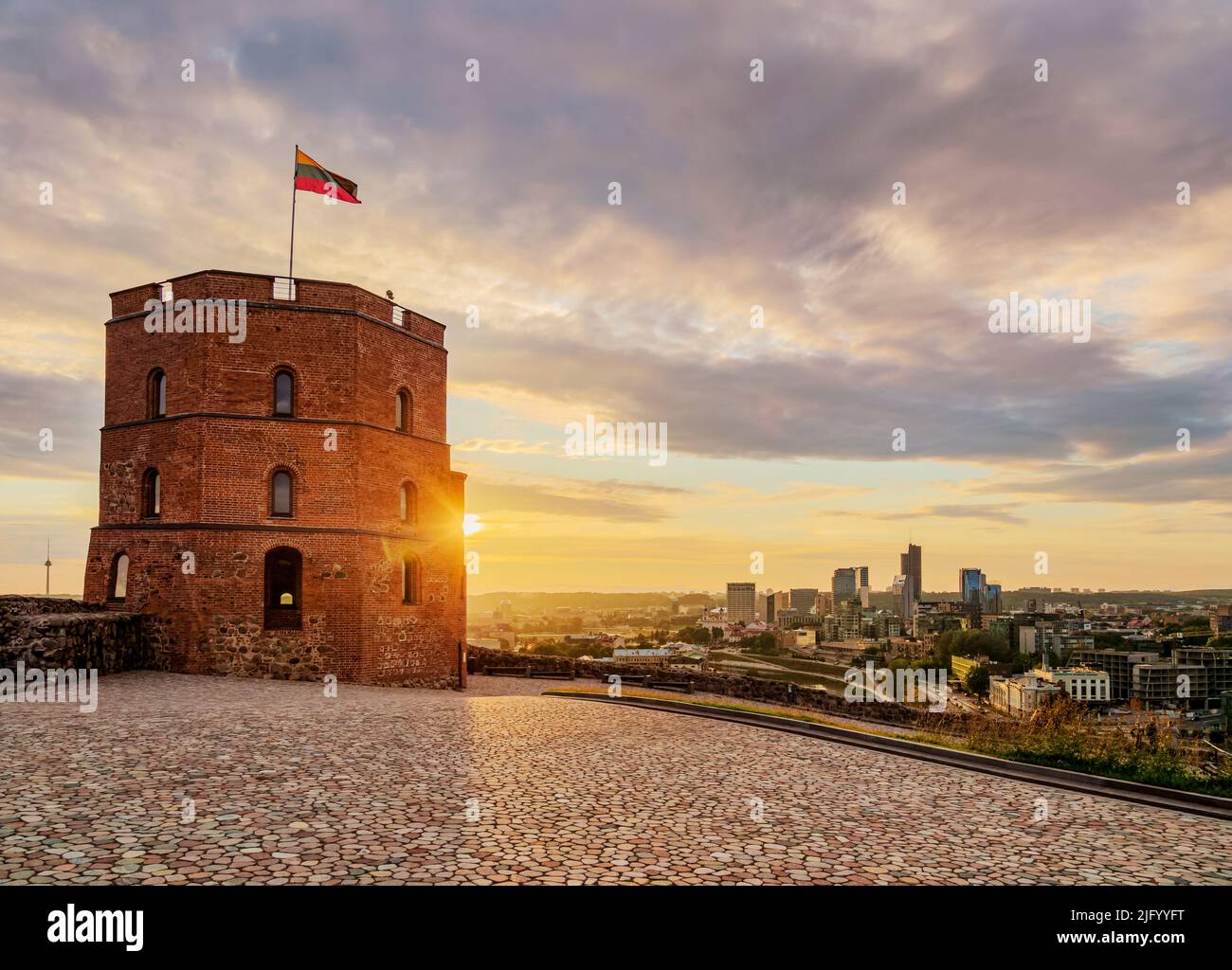 Gediminas Tower at sunset, Vilnius, Lithuania, Europe Stock Photo