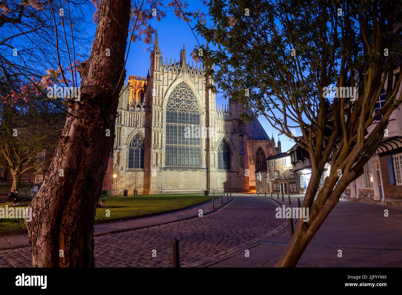 York Minster at night, viewed from College Street, City of York, Yorkshire, England, United Kingdom, Europe Stock Photo
