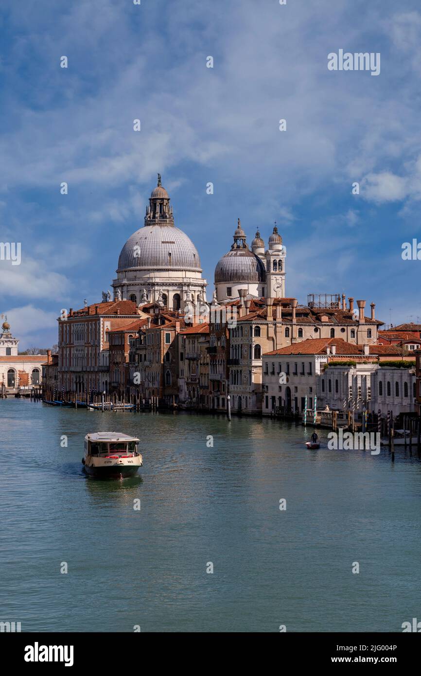 View of the Grand Canal with the Basilica of Santa Maria della Salute in the background, Venice, UNESCO World Heritage Site, Veneto, Italy, Europe Stock Photo
