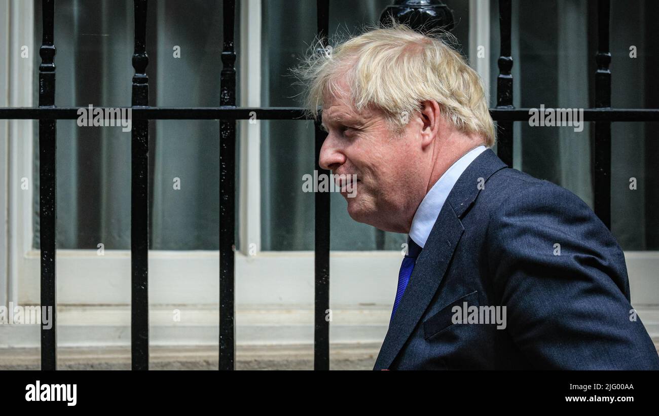 London, UK. 06th July, 2022. Boris Johnson, MP, British Prime Minister, exits 10 Downing Street for PMQs at Parliament today. He has been put under pressure following several high profile resignations. Credit: Imageplotter/Alamy Live News Stock Photo