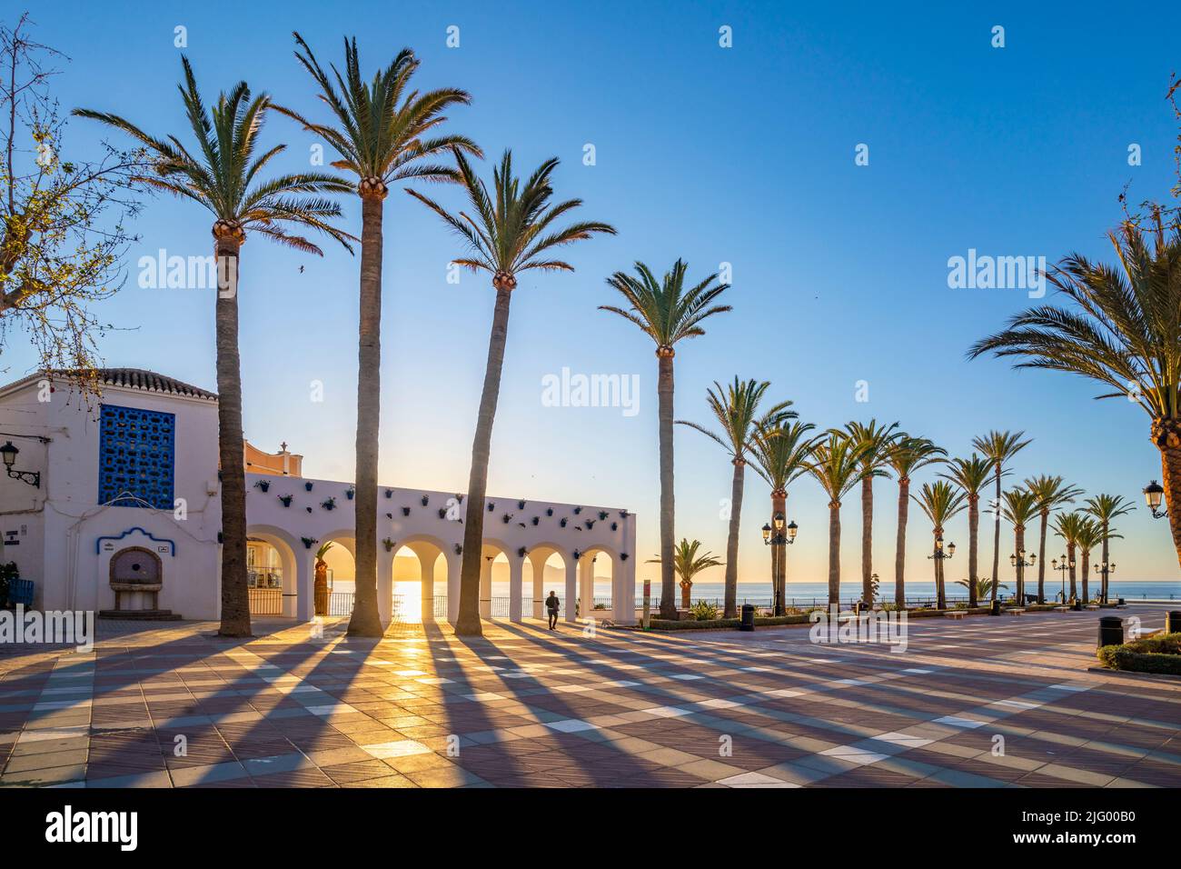 View of Plaza Balcon De Europa at sunrise in Nerja, Costa del Sol, Malaga Province, Andalusia, Spain, Mediterranean, Europe Stock Photo