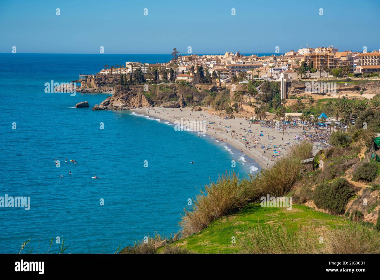 View of Playa de Burriana Beach, town and Mediterranean Sea, Nerja, Costa del Sol, Malaga Province, Andalusia, Spain, Mediterranean, Europe Stock Photo