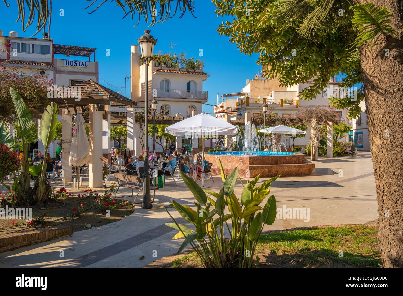 Cafe and fountain in Plaza Cantarero, Nerja, Malaga Province, Andalucia, Spain, Mediterranean, Europe Stock Photo