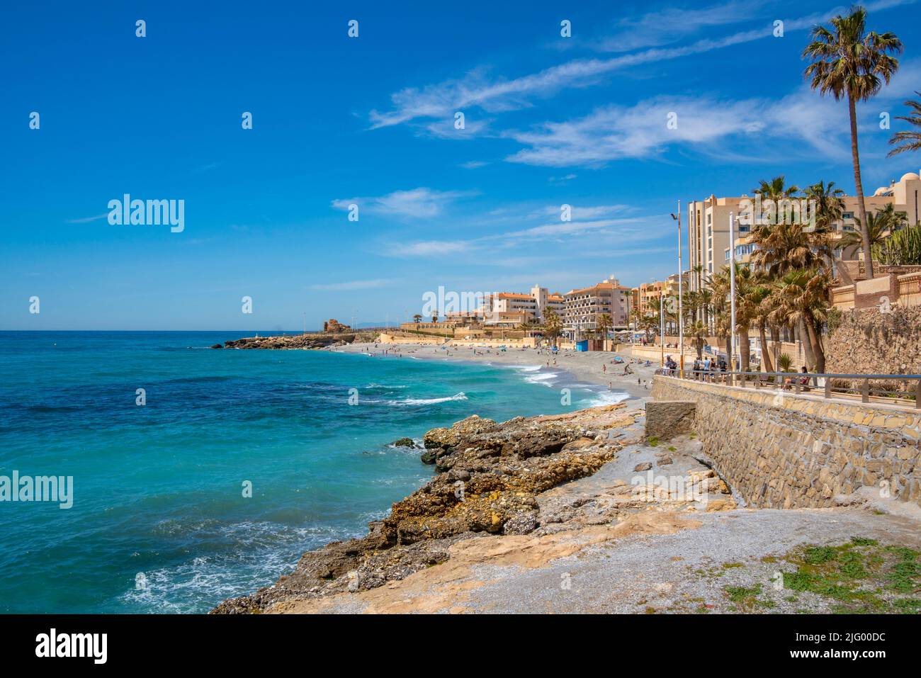 View of beach, hotels and coast at Nerja, Nerja, Malaga Province, Andalucia, Spain, Mediterranean, Europe Stock Photo