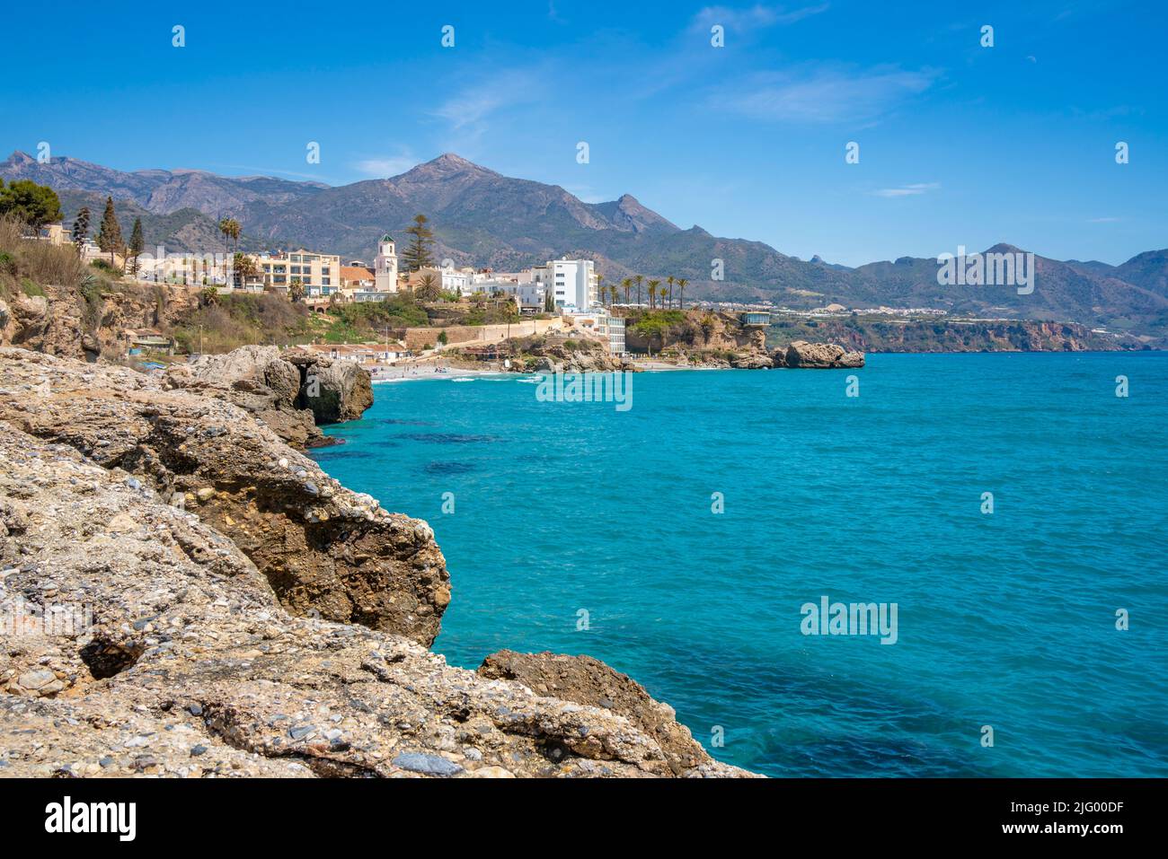 View of Parroquia El Salvador and coast in Nerja, Nerja, Malaga Province, Andalucia, Spain, Mediterranean, Europe Stock Photo