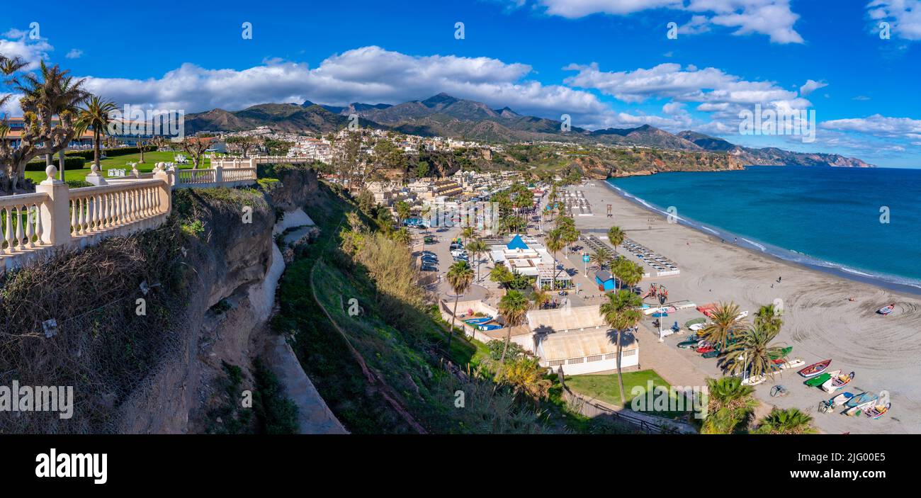 View of Playa de Burriana Beach and Mediterranean Sea, Nerja, Costa del Sol, Malaga Province, Andalusia, Spain, Mediterranean, Europe Stock Photo