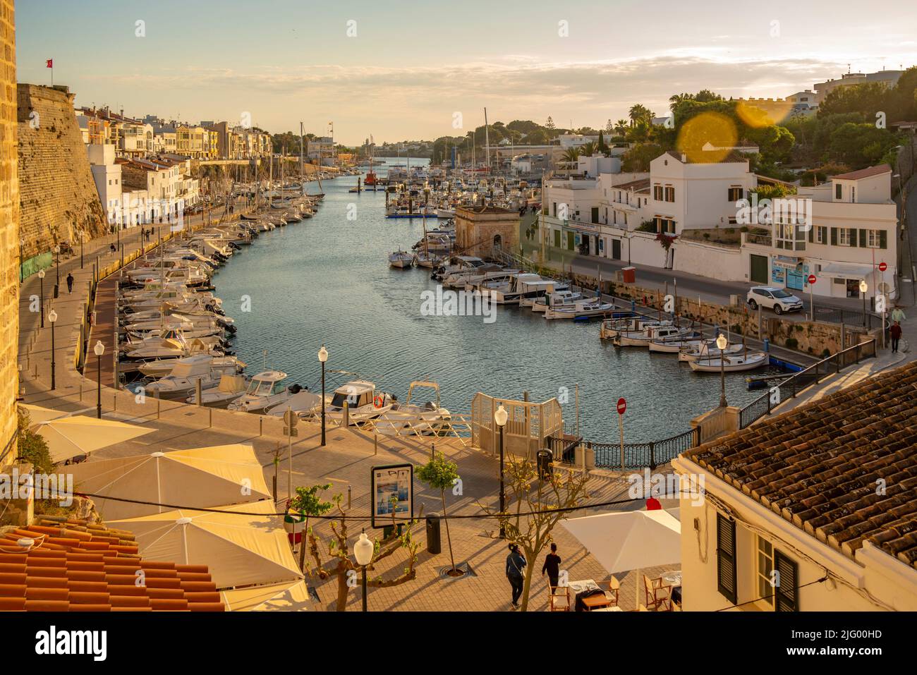 View of marina at golden hour from elevated position, Ciutadella, Menorca, Balearic Islands, Spain, Mediterranean, Europe Stock Photo