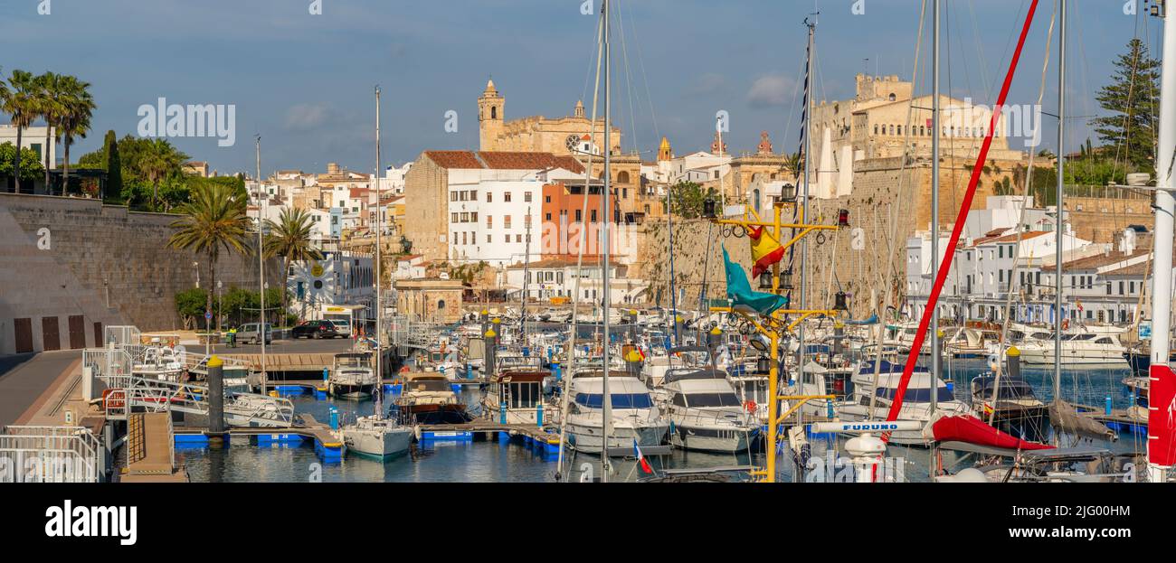View of boats in marina and Catedral de Santa Maria de Menorca in background, Ciutadella, Menorca, Balearic Islands, Spain, Mediterranean, Europe Stock Photo