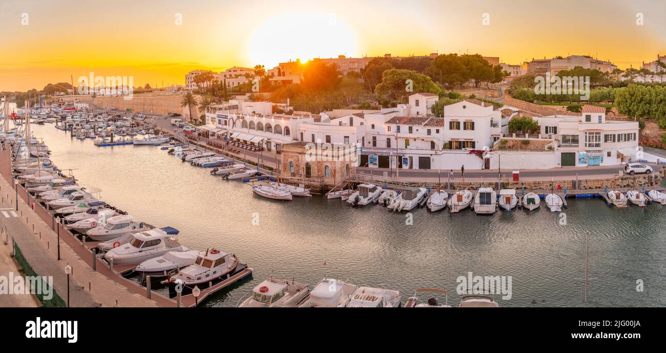 View of marina at sunset from elevated position, Ciutadella, Menorca, Balearic Islands, Spain, Mediterranean, Europe Stock Photo