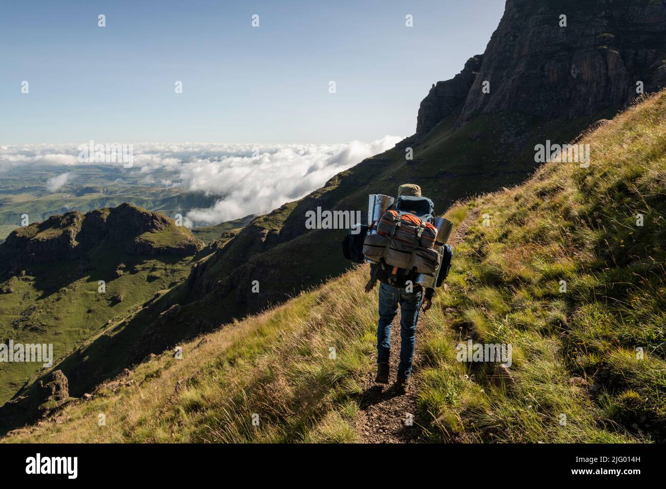 Hiking up to the Amphitheatre, Drakensberg Mountains, Royal Natal National Park, KwaZulu-Natal Province, South Africa, Africa Stock Photo