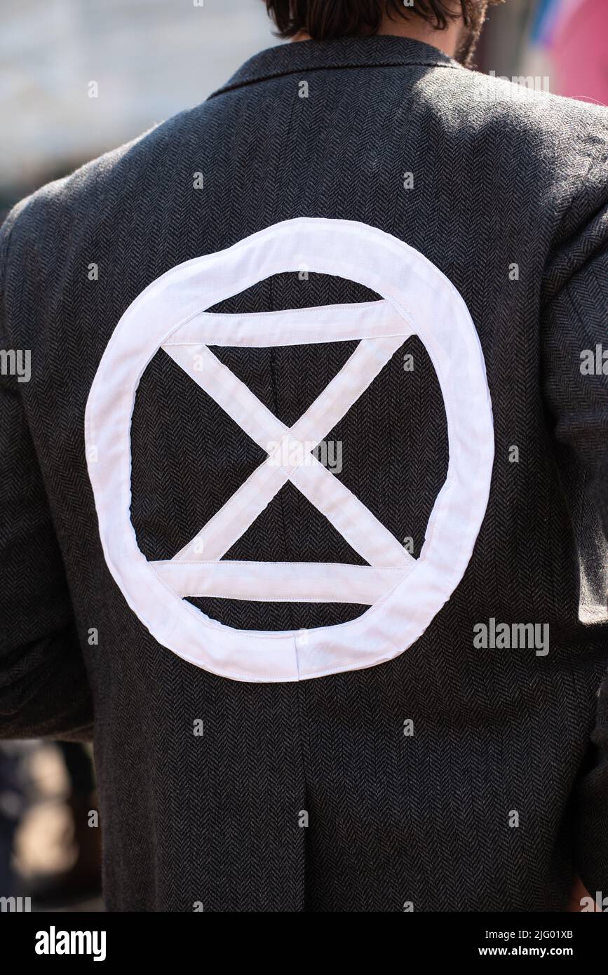 Climate change protest signs at the Extinction Rebellion demonstration, London, in protest of world climate breakdown and ecological collapse. Stock Photo