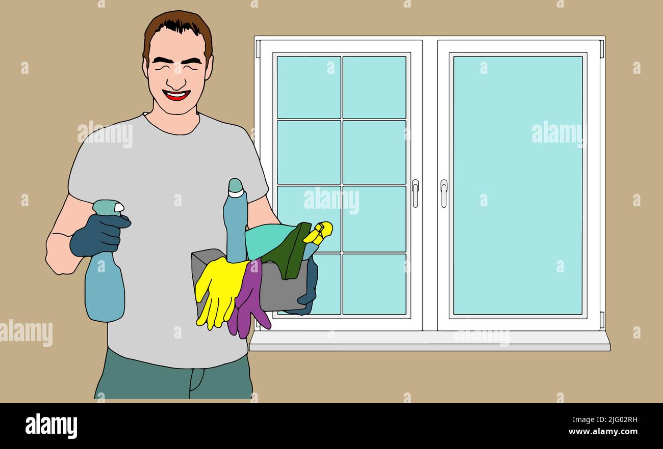 man cleaning window squeegee spray vector illustration Stock Vector