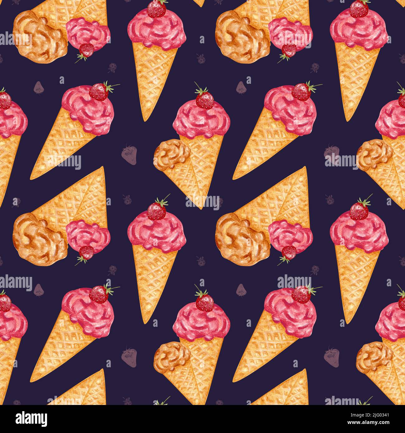 Ice cream. Watercolor seamless pattern with ice cream in a conical ...