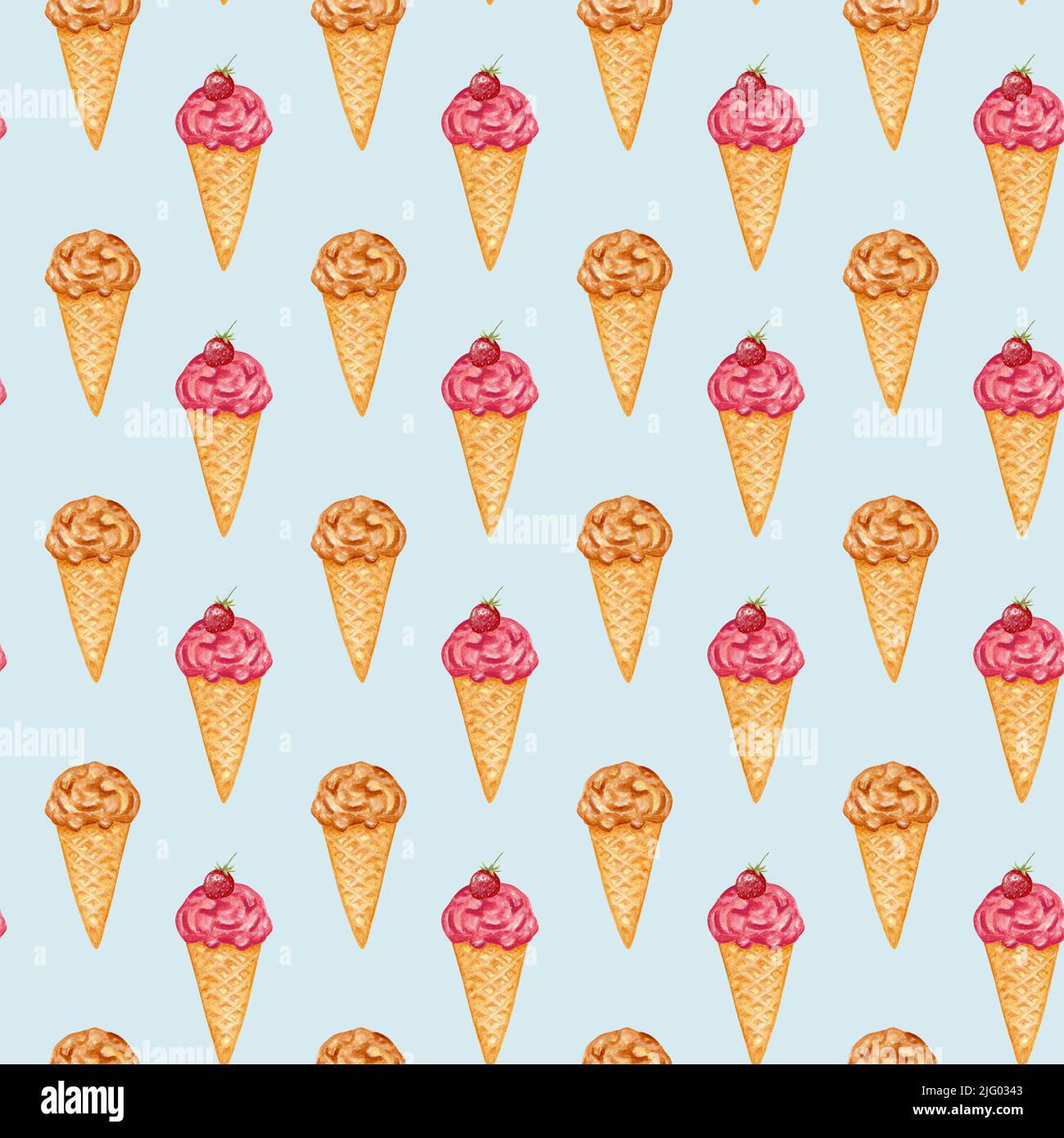Ice cream. Watercolor seamless pattern with ice cream in a conical ...