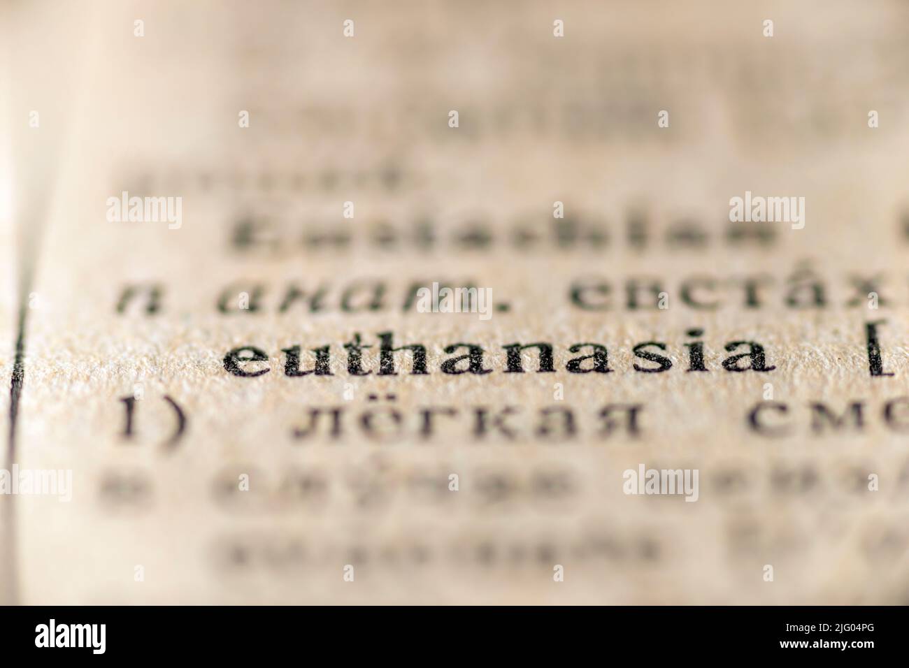 focus on euthanasia word printed inside vintage dictionary Stock Photo