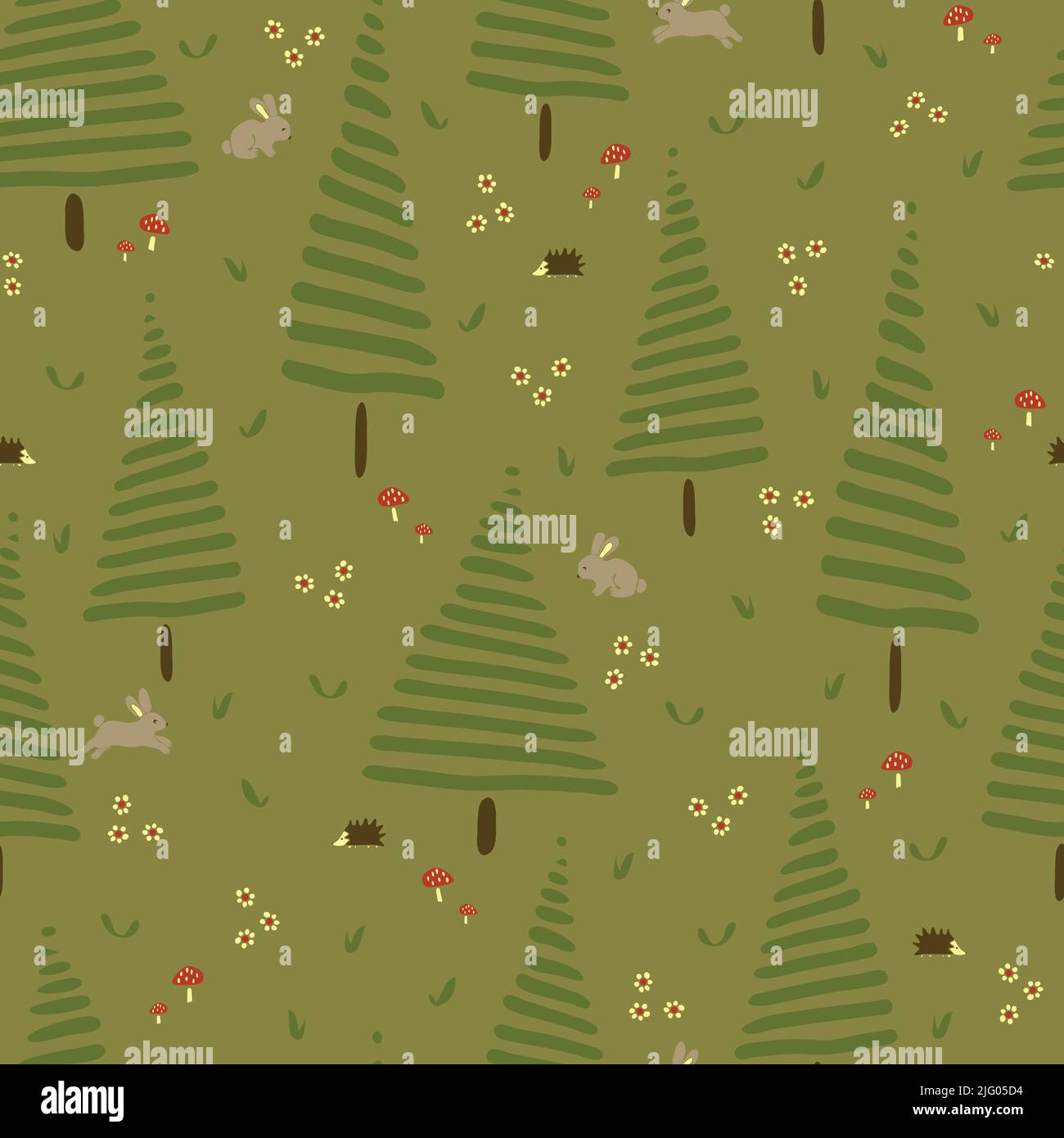 Seamless vector pattern with forest landscape with bunnies and ...