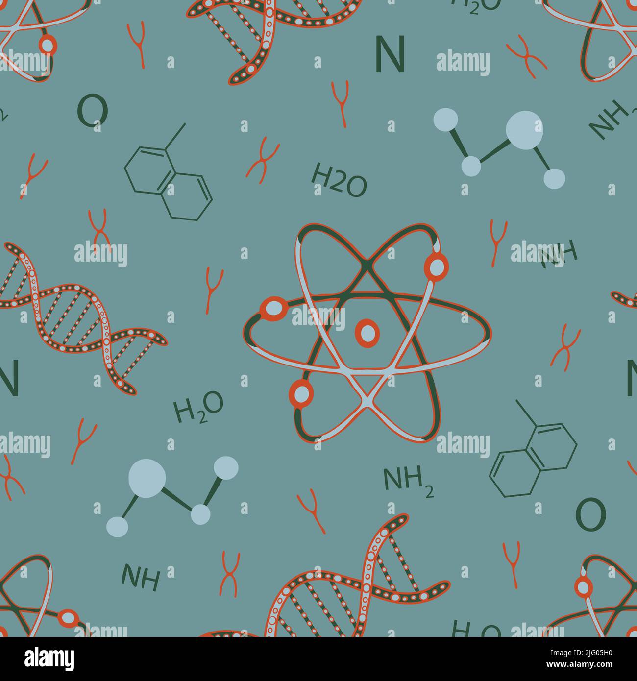 Seamless vector pattern with DNA and atom on green background. Simple science wallpaper design. Decorative chemistry fashion textile. Stock Vector