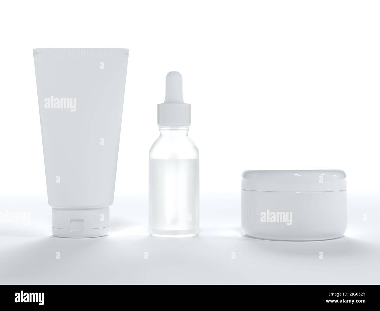 Cosmetic cream tube, jar with lid and serum bottle 3D render on white ...