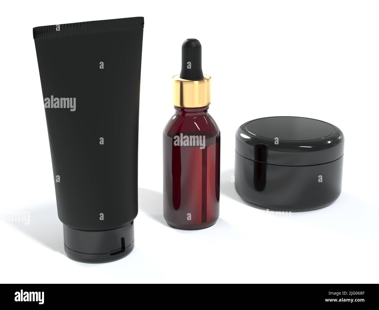 Cosmetic cream tube, jar with lid and serum bottle 3D render on white ...