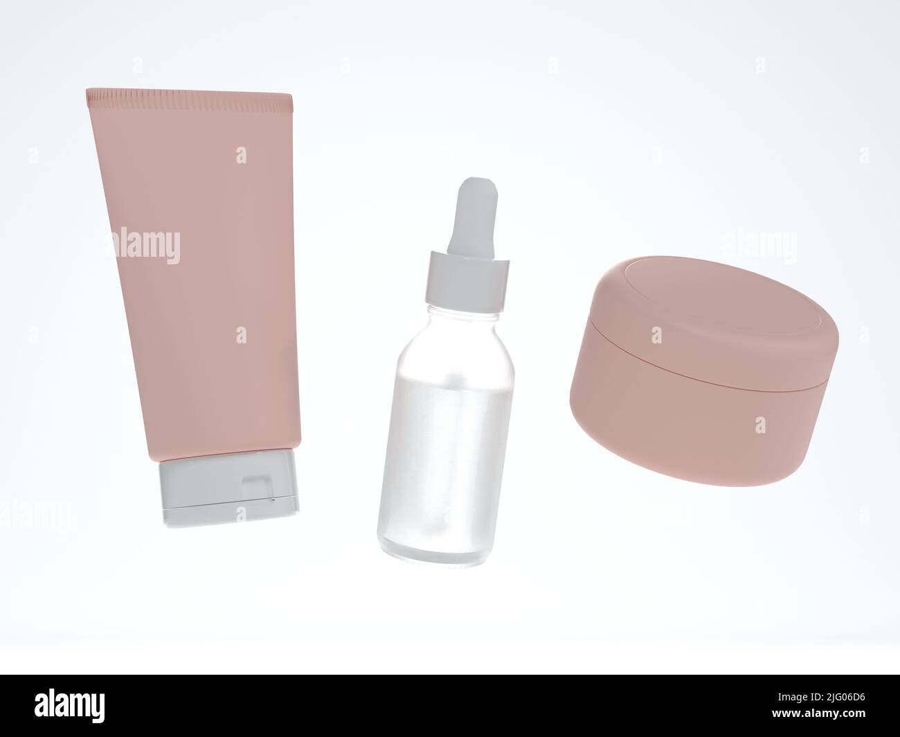 Cosmetic cream tube, jar with lid and serum bottle 3D render on white ...