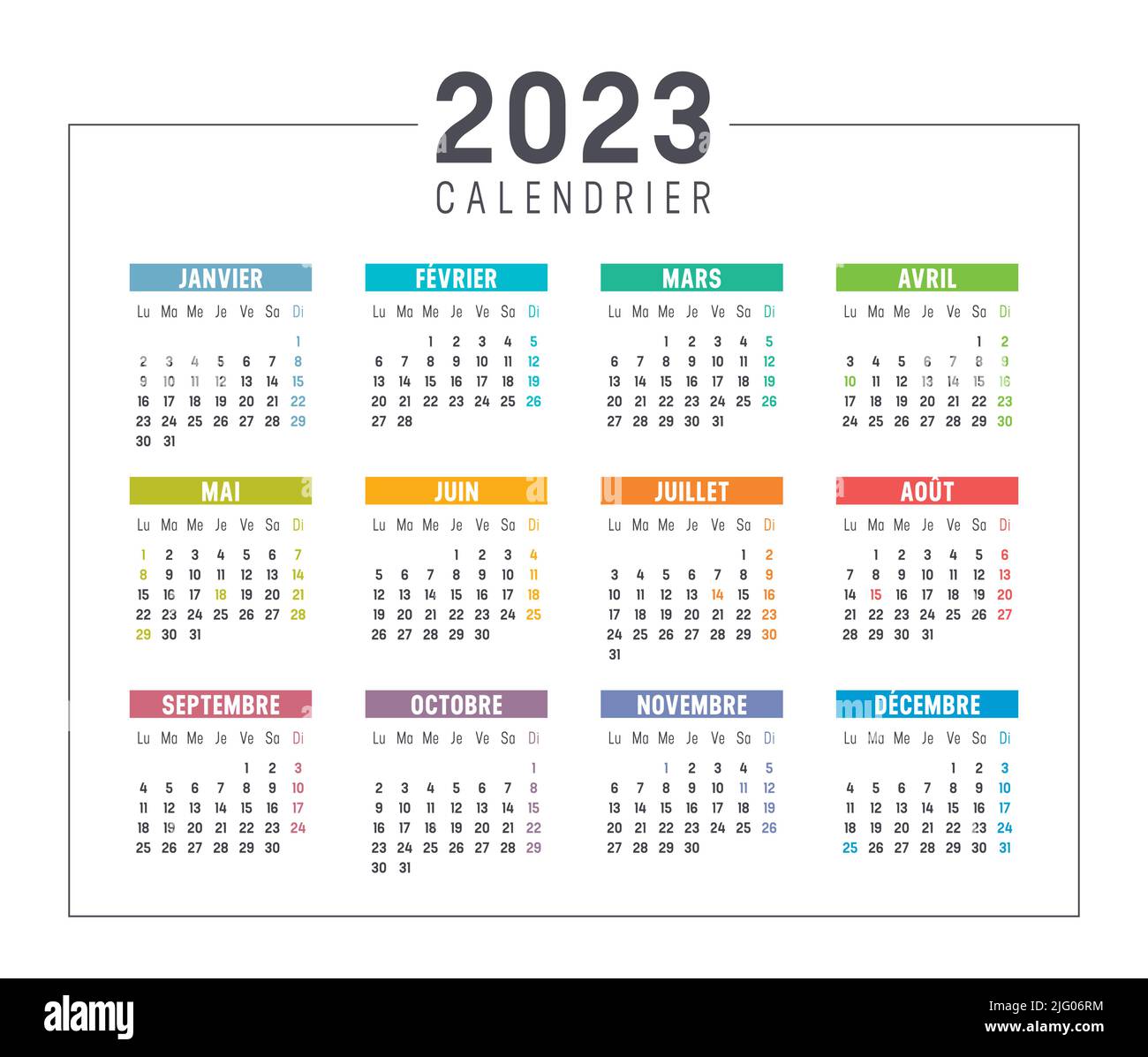 Colorful year 2023 calendar, in French language isolated on white background. Vector template. Stock Vector