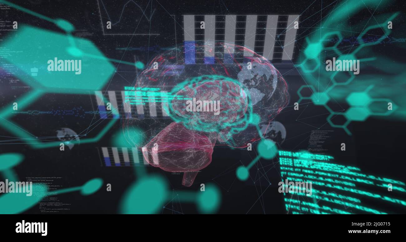 Image of chemical formulas and data processing over rotating brain Stock Photo