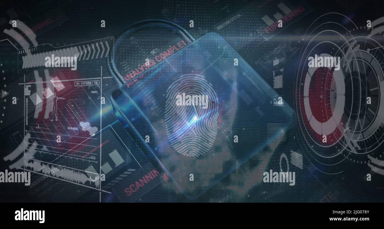 Image of charts, processor and inline security padlock on dark background Stock Photo