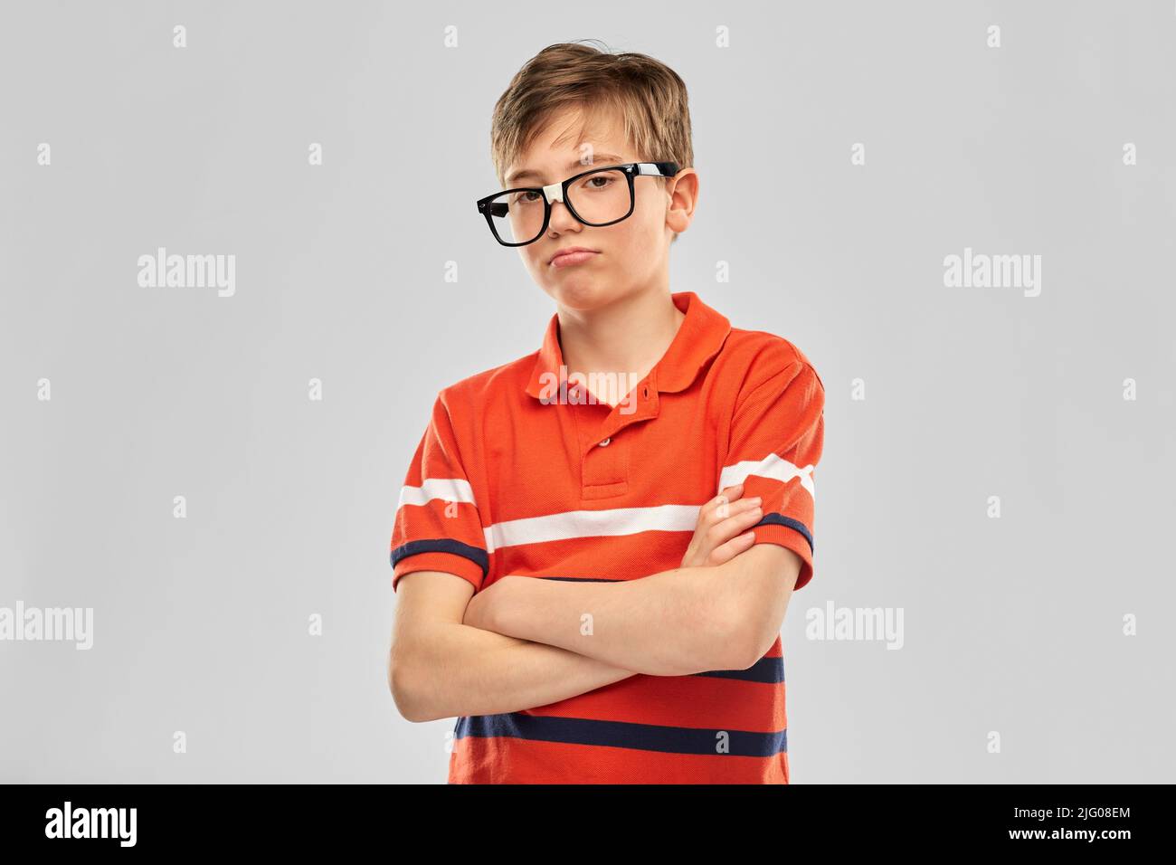 portrait of sad boy in eyeglasses Stock Photo