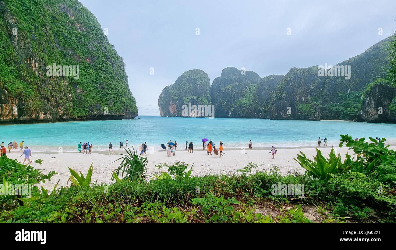 Maya Bay Koh Phi Phi Phuket Krabi Thailand June 2022 during rain at the Monsoon season. rainy