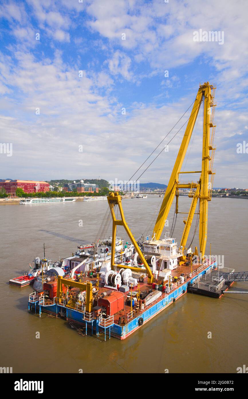 Hungary, Budapest, barge, floating crane, construction, Stock Photo
