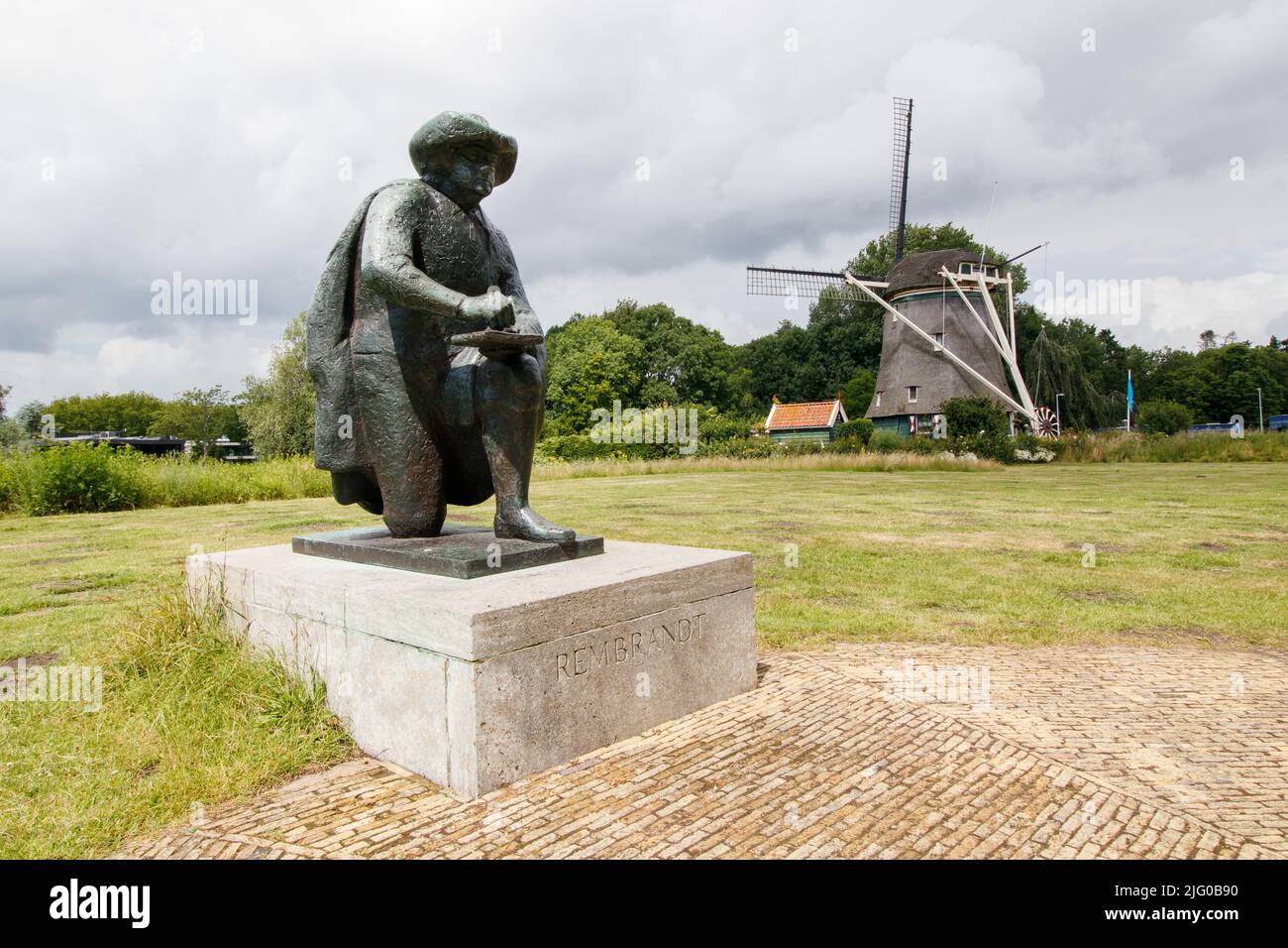 The Rembrandt statue in the area south of Amsterdam where the river Amstel flows south. The famous painter Rembrandt had a house her alongside the river and it is thought a lot of inspiration for his paintings started here. Stock Photo