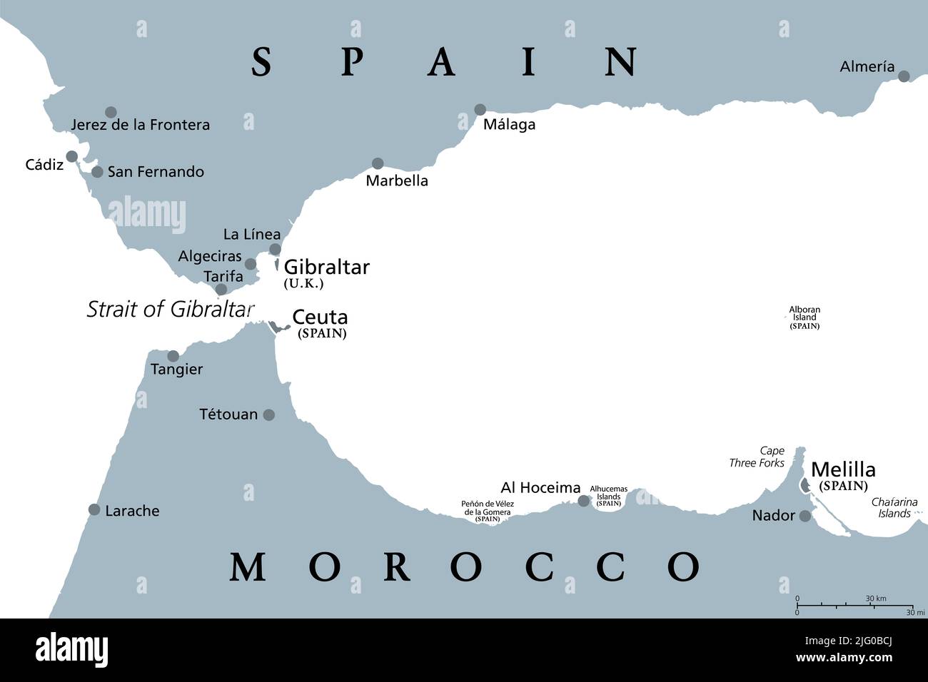 Strait of Gibraltar, gray political map. Also known as Straits of Gibraltar. A narrow strait, connecting Atlantic Ocean to Mediterranean Sea. Stock Photo