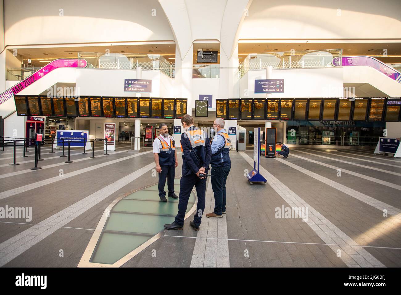 New Street, Birmingham Central railway station on day 2 of the National Rail Strike. Pictured station staff inside an empty New Street Railway station during the rail strike. Stock Photo