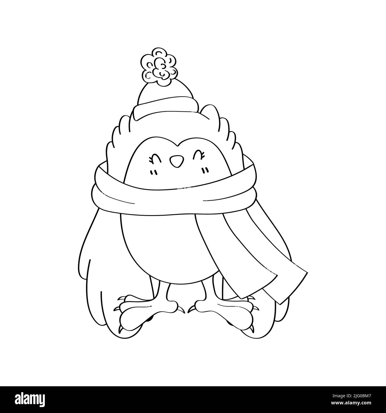Cute Owl Clipart Black and White for Kids Holidays and Goods. Happy Clip Art Coloring Page Owl in a Hat and Scarf. Vector Illustration of a Bird for Stock Vector