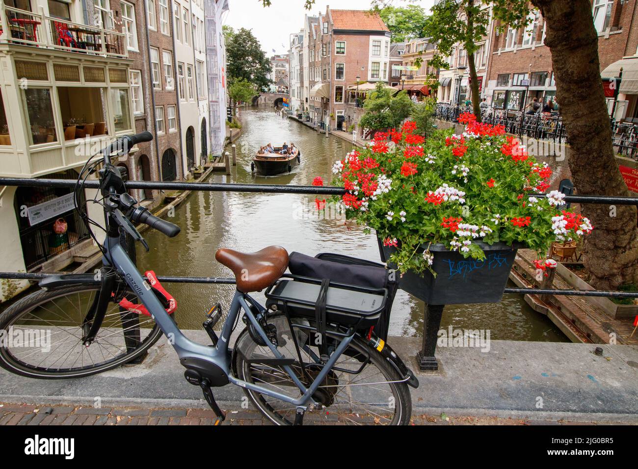 A scene along the canal waterway in the centre of views of Utrecht in Holland. Stock Photo