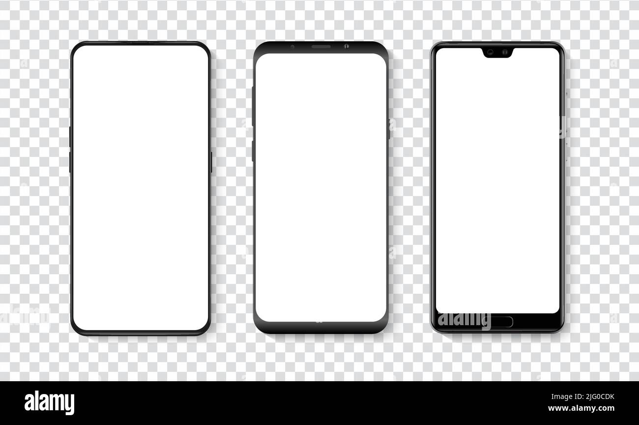 High quality realistic trendy smartphone with blank white screen. Phone mockup for visual UI UX app demonstration. Vector mobile set device concept Stock Vector