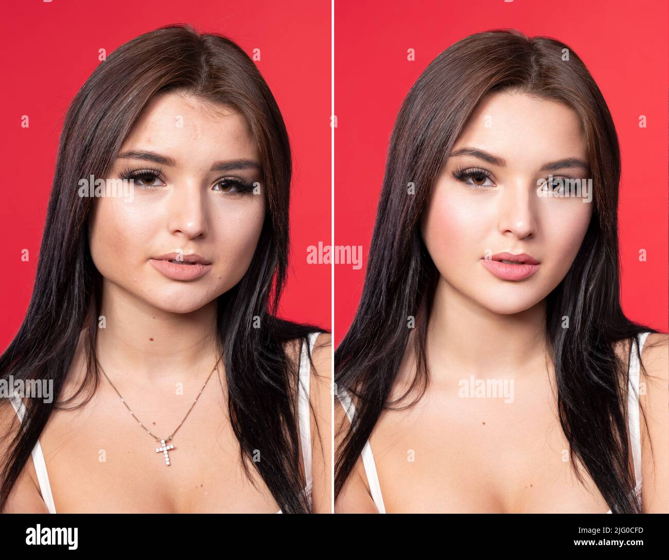 Photo before and after retouch. Beautiful brunette on a red background. The work of a retoucher in Photoshop. Concept editing, photo retouching. Stock Photo