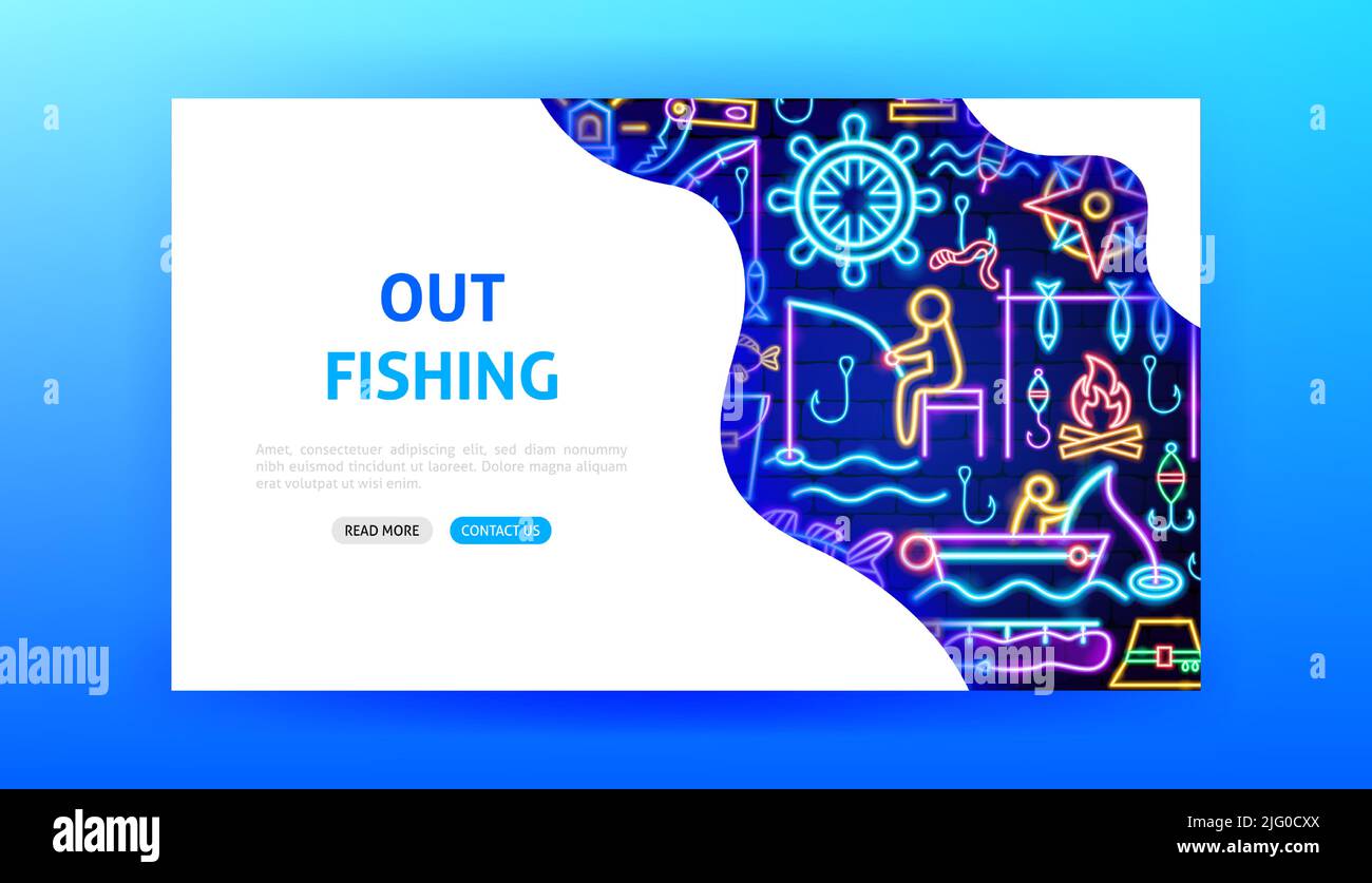 Out Fishing Neon Landing Page Stock Vector