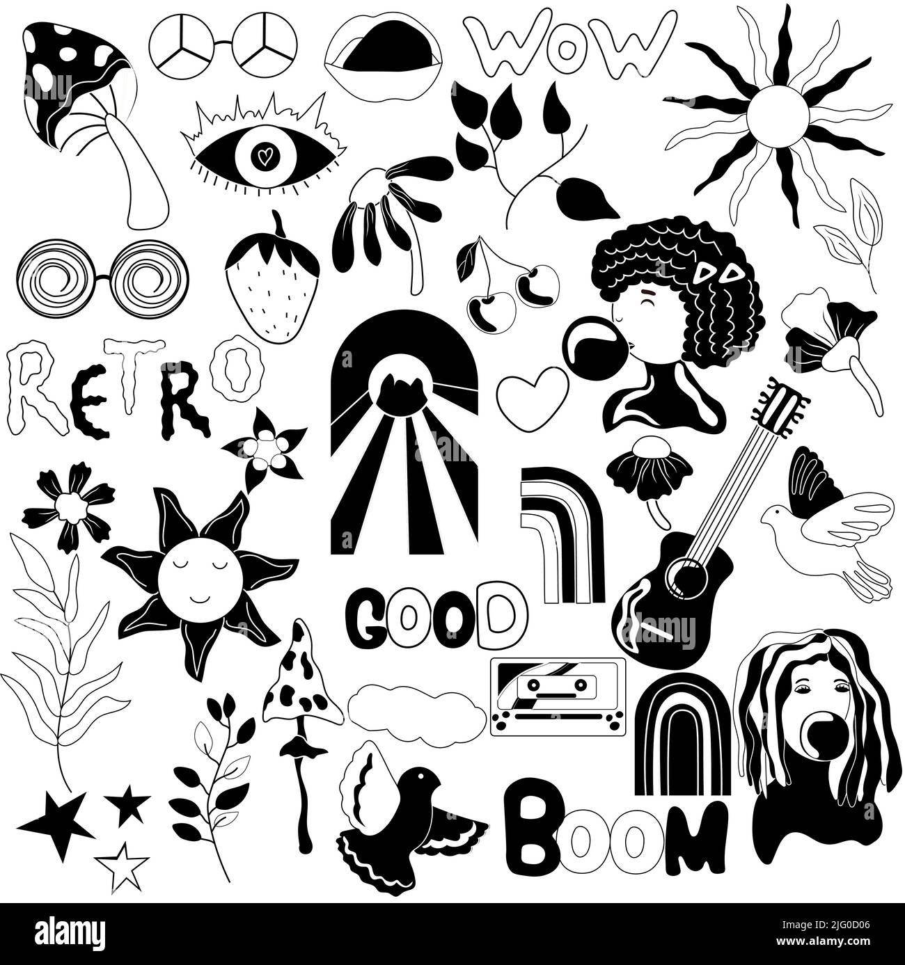 Black and white 70s groovy element, girl, sun, flowers, leaves, mushroom, bird, retro rainbows and lettering. Vintage hippy style. Vector illustration. Stock Vector