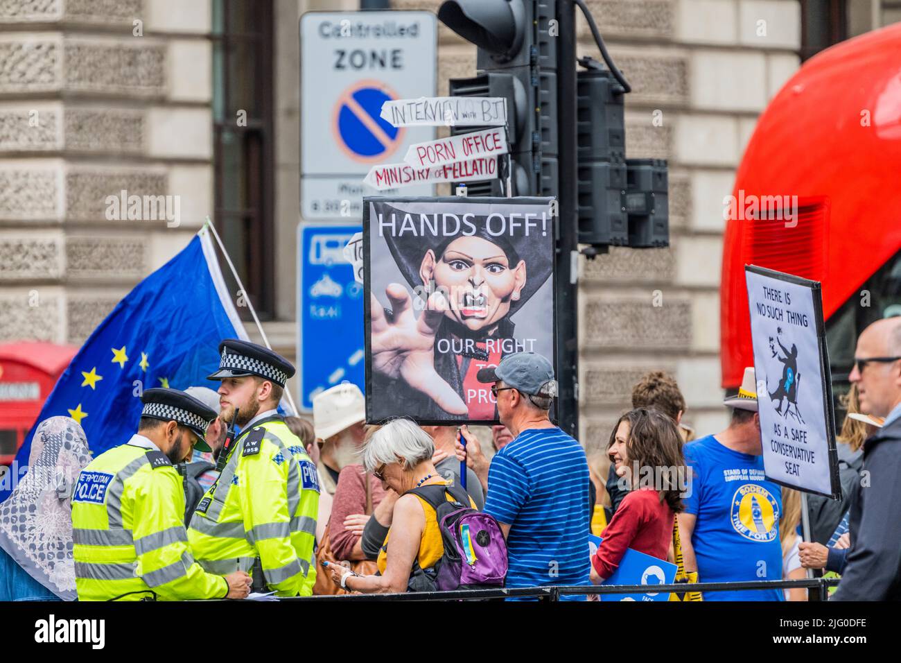 London, UK. 6th July, 2022. Hands off our right to protest placard with Priti Patel as Dracula on the edge of a 'controlled zone' - Protest (led by Steve Bray and SODEM) against Prime Minister Boris Johnson, while he is in Parliament for Prime Minister's Questions. They believe he and his government are 'corrupt and liars'. Credit: Guy Bell/Alamy Live News Stock Photo