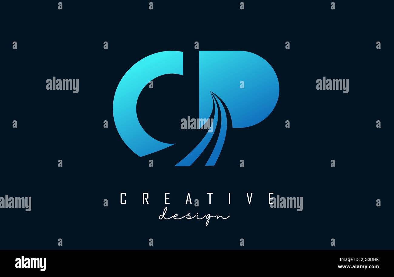 Creative blue letter Cp c p logo with leading lines and road concept ...